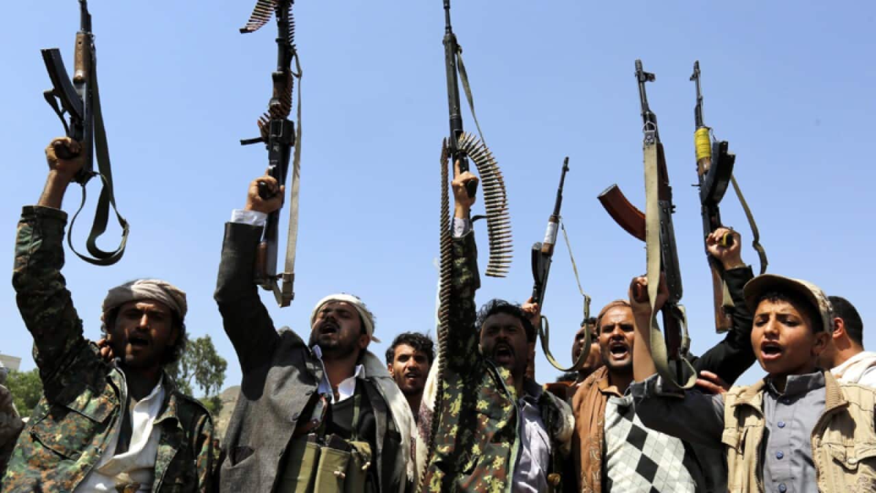 Armed Houthi supporters during a gathering in Sana'a, Yemen