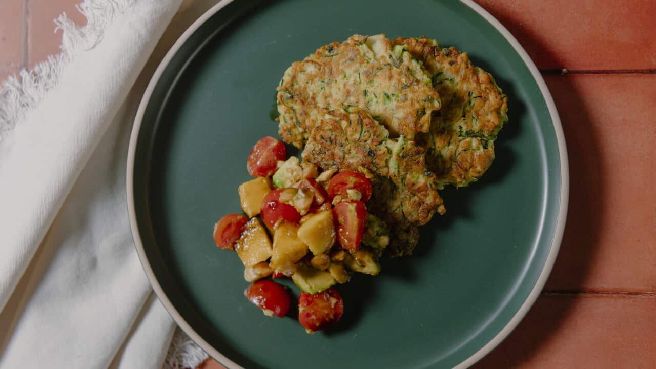 Zucchini, pea and corn fritters