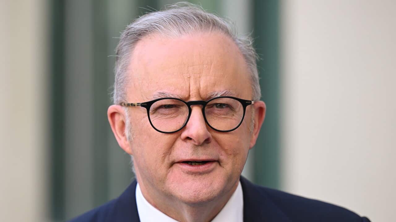 Anthony Albanese in a black suit and white shirt