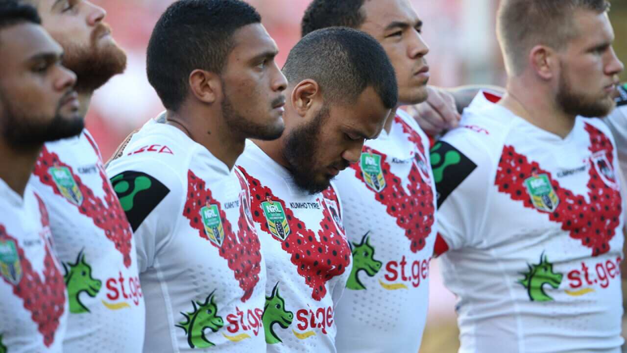 Dragons' players during an Anzac Day commemoration service