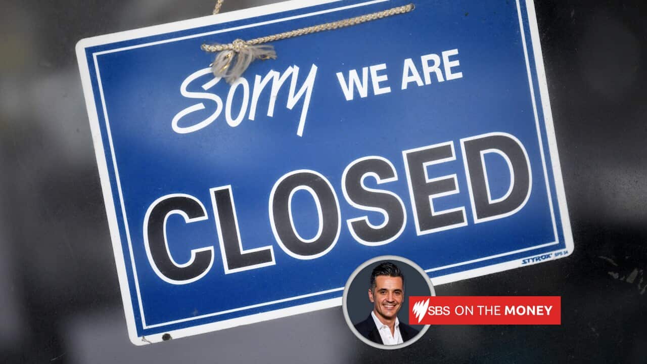 A blue sign reads: Sorry, we are closed.