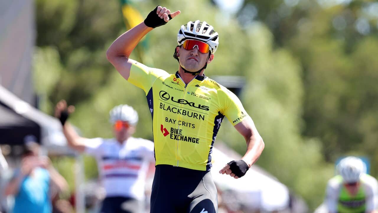 Blake Quick celebrates his win during the Mens Elite Lexus of Blackburn 2022 Bay Crits on January 9, 2022, at Eastern Garden, Geelong, Australia. (Photo by Con Chronis)