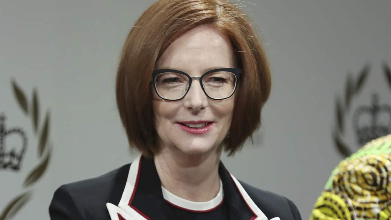 Former Australian Prime Minister Julia Gillard takes part in a panel discussion convened by the Queen's Commonwealth Trust to mark International Women's Day in London on Friday March 8, 2019. (Daniel Leal-Olivas/Pool via AP)