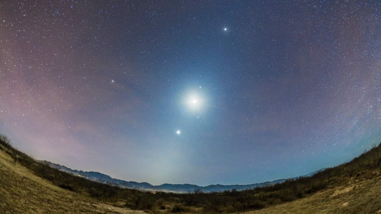 The Moon and three planets define the morning ecliptic line and the angle of the Zodiacal Light which follows the ecliptic.
