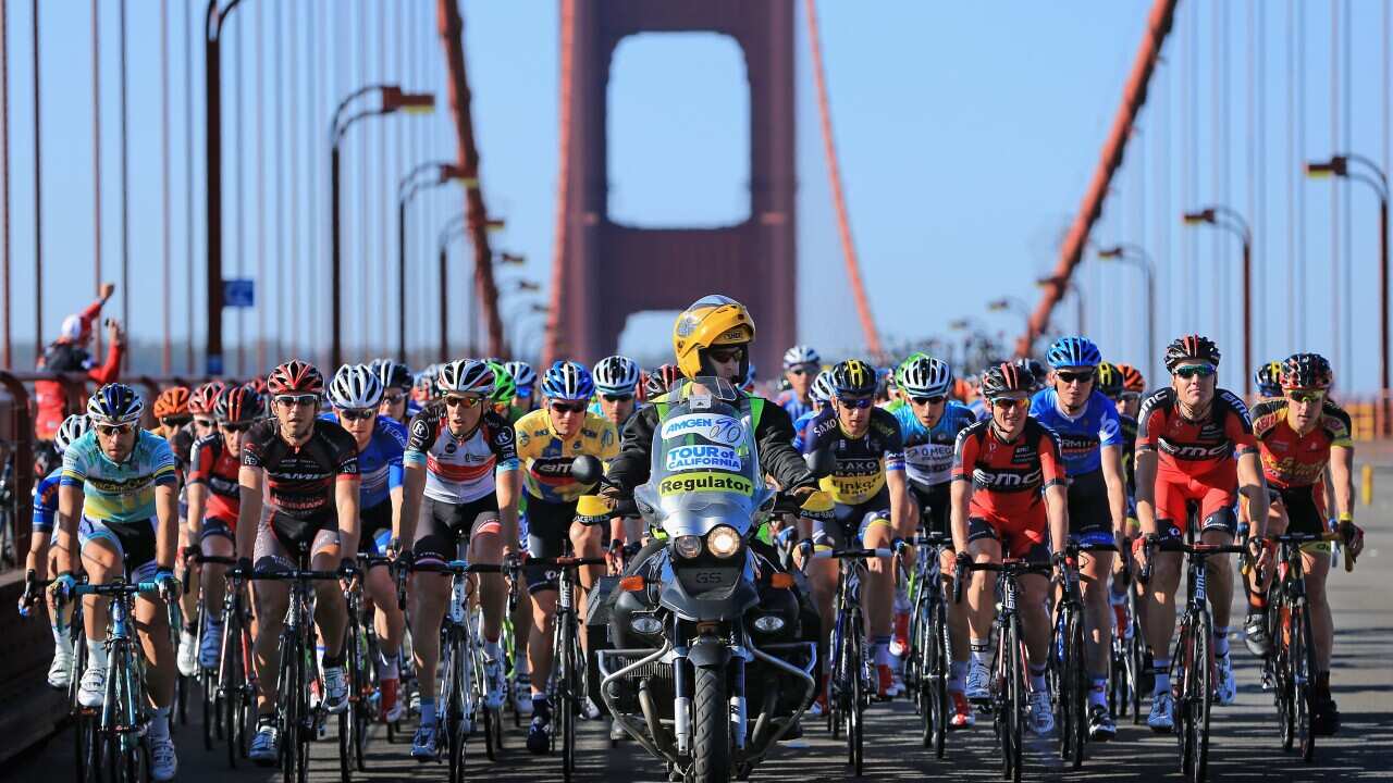 The peloton rides over the Golden Gate Bridge during the Tour of California.