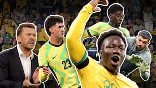 A composite image featuring members from of Australian men's football team the Socceroos in action as coach Tony Popovic, a middle-aged man in a dark blazer and white shirt, cheers.