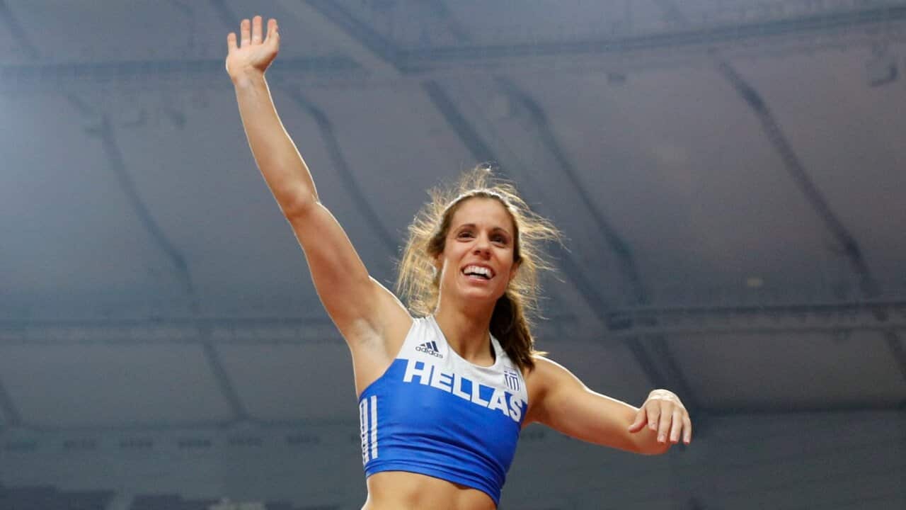 Katerina Stefanidi, of Greece, competes in the women's pole vault final at the World Athletics Championships in Doha, Qatar, Sunday, Sept. 29, 2019. (AP Photo/Hassan Ammar)