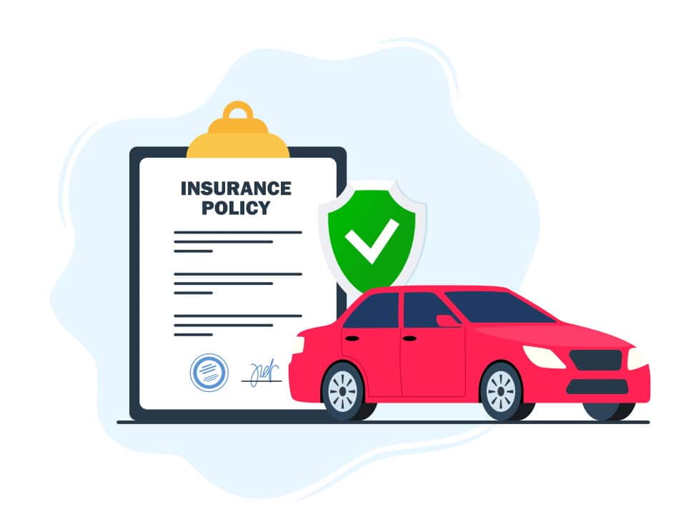 Car insurance concept. Insurance policy on clipboard and car. Document report with shield and automobile. Vector illustration.