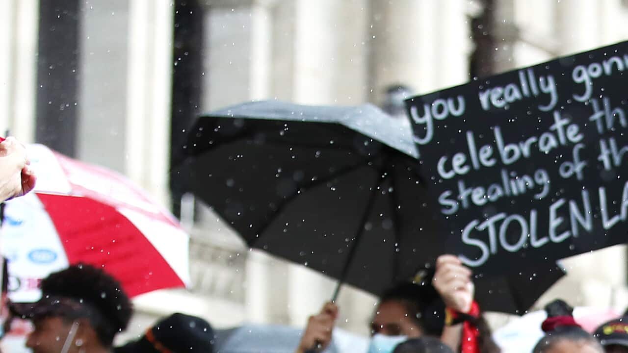 Activists dance during an Invasion Day rally in Meanjin (Brisbane) on January 26 2022.