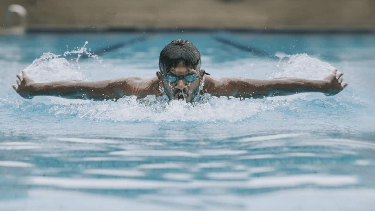 Asian indian swimmer swimming and practicing in swimming pool with butterfly style