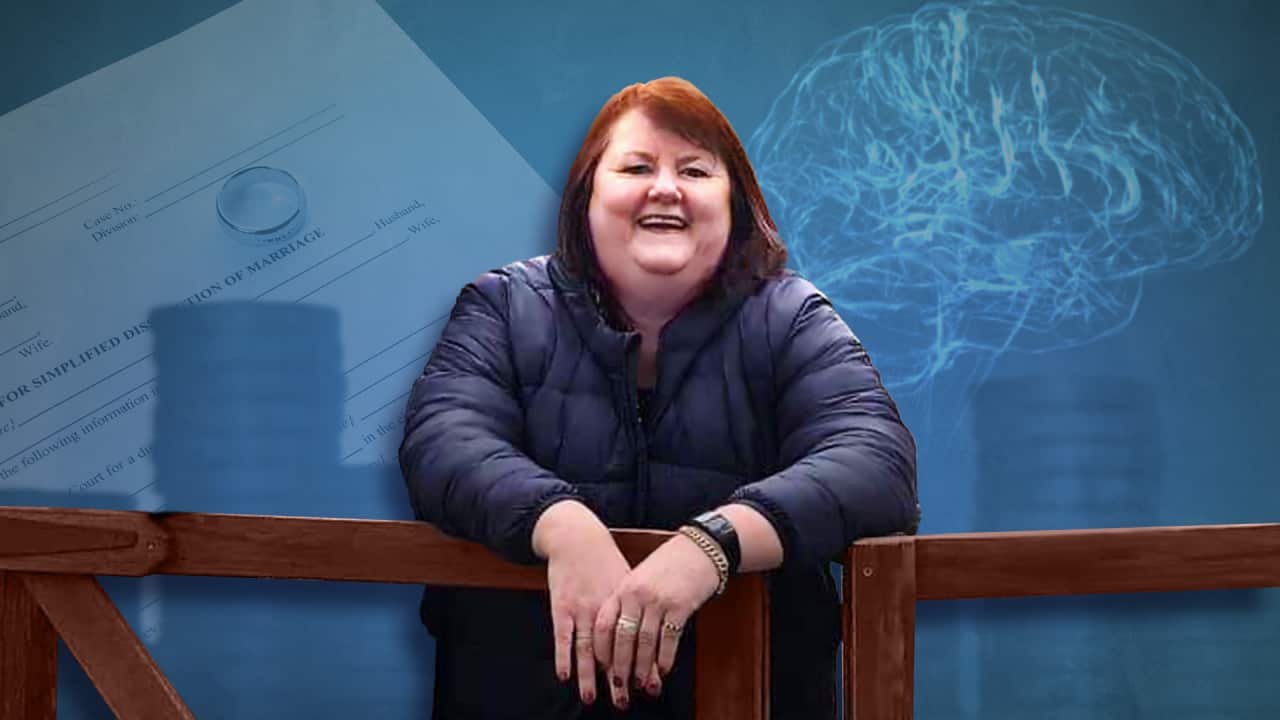 a blue graphic of a smiling woman with shoulder length hair in a puffer jacket and images of divorce papers and a brain in the background
