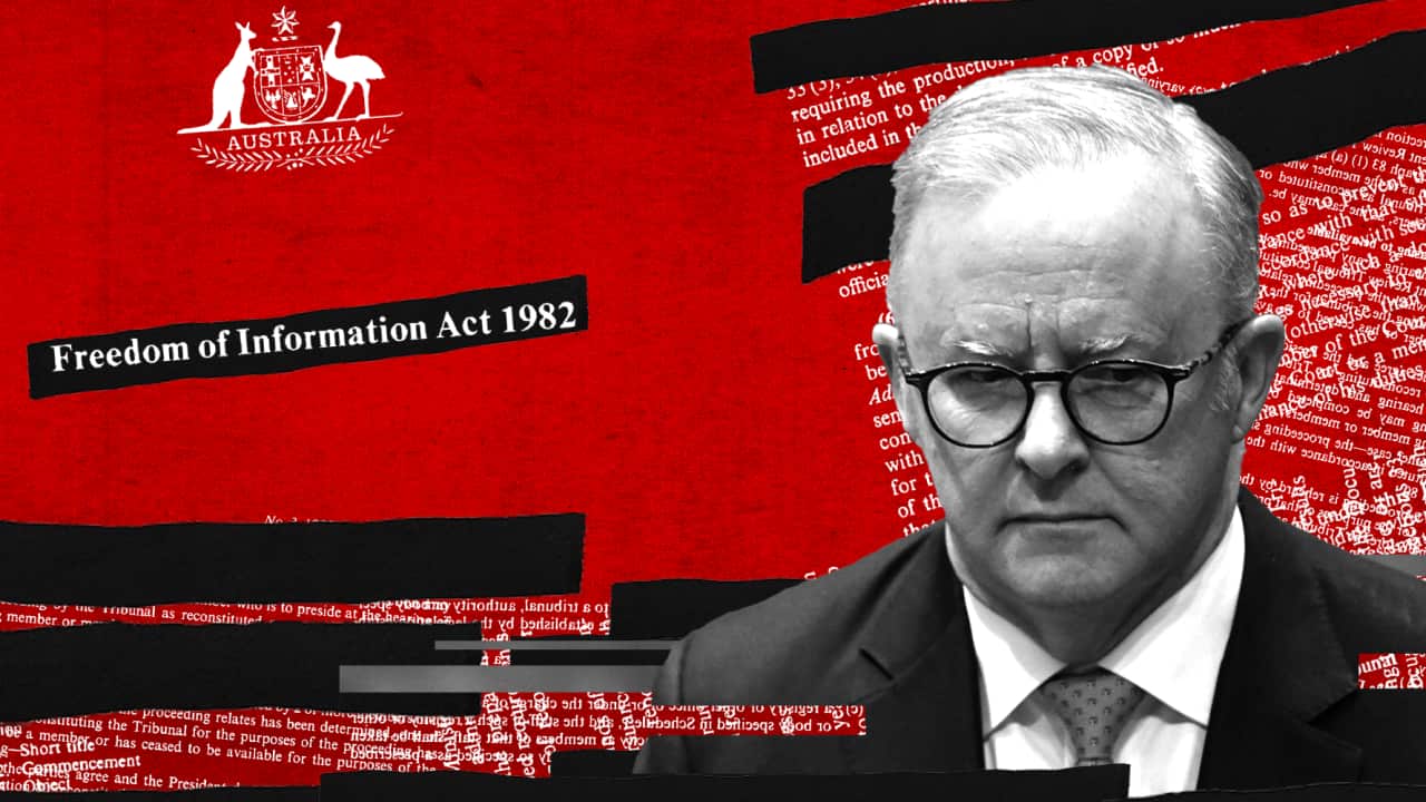 A black and white image of Anthony Albanese looking downcast, against a red background with white writing, some of which has been blacked out.