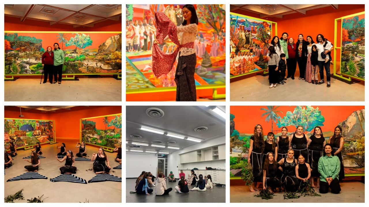 Top left: Zico Albaiquni (Greenn shirt) and Aunty Glenda Chaulker.
Top centre: Sekar Sari performing Jogyakarta classical dance.
Top Right: Zico Albaiquni, Aunty Glenda Chaulker and Sekar Sari’s families.
Bottom left: Performance of Wirid Jiribin dancers.
Bottom centre: Sekar Sari (holding kain batik) conducting a workshop with Wirid Jiribin community.
Bottom right: Wirid Jiribin dancers and Zico Albaiquni ((in green shirt).
All pictures taken at Campbelltown Arts Centre Exhibition – To Al the Steps that Shake the Land’s Memory, 03 July 2026. Images courtesy: Nicholas Smith.
