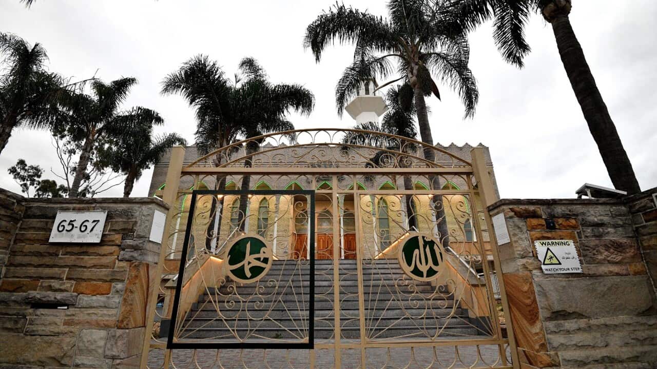 A view of the Lakemba mosque, usually packed with hundreds of Muslim worshippers, during the Eid al-Fitr prayer in western Sydney on May 24, 2020. -