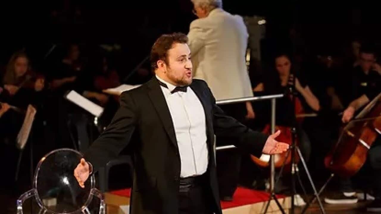 Branko Lovrinov performing in a scene for the 'Young Artists Showcase' with the Adelaide Youth Orchestra, conducted by Nicholas Braithwaite.