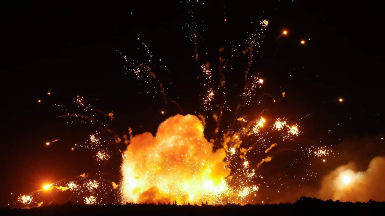 Clouds of smoke and fire billow from the ammunition depot of the Ukrainian Armed Forces near the city of Kalynivka not far from Vinnytsia city, Ukraine.