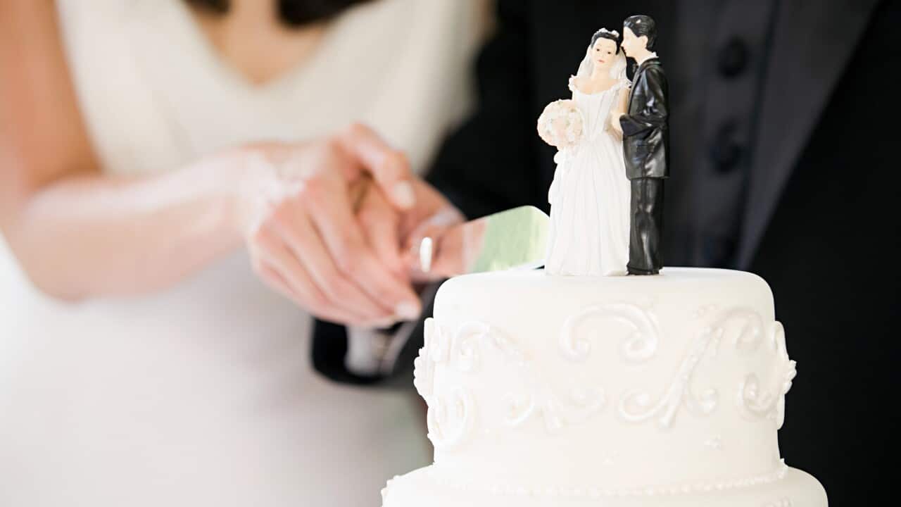 Newlyweds cutting wedding cake
