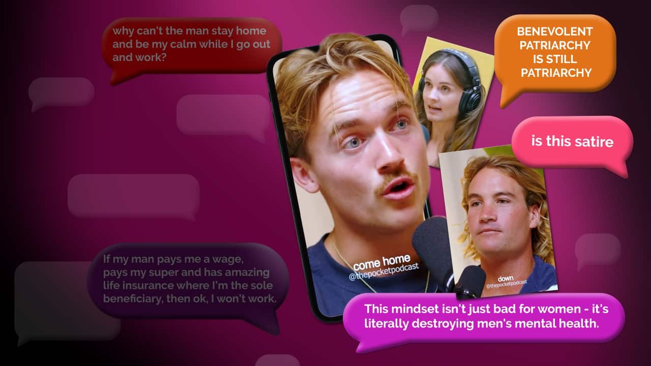 Graphic showing people speaking on a podcast with speech bubbles of comments