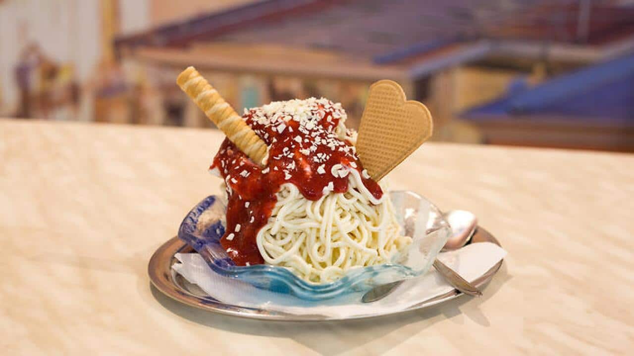 Looks like lunch but it's actually ice cream noodles with strawberry sauce. (Audrey Bourget)