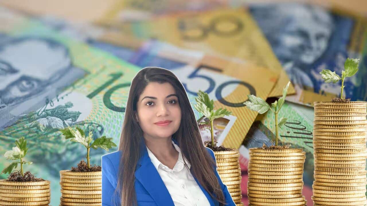 Image of Deepiak Sharma, co-owner of Kirpa Taxation and finance expert, in front of a heap of ascending coins with a symbolic plant on top of each heap; all in the backdrop of the Australian dollar