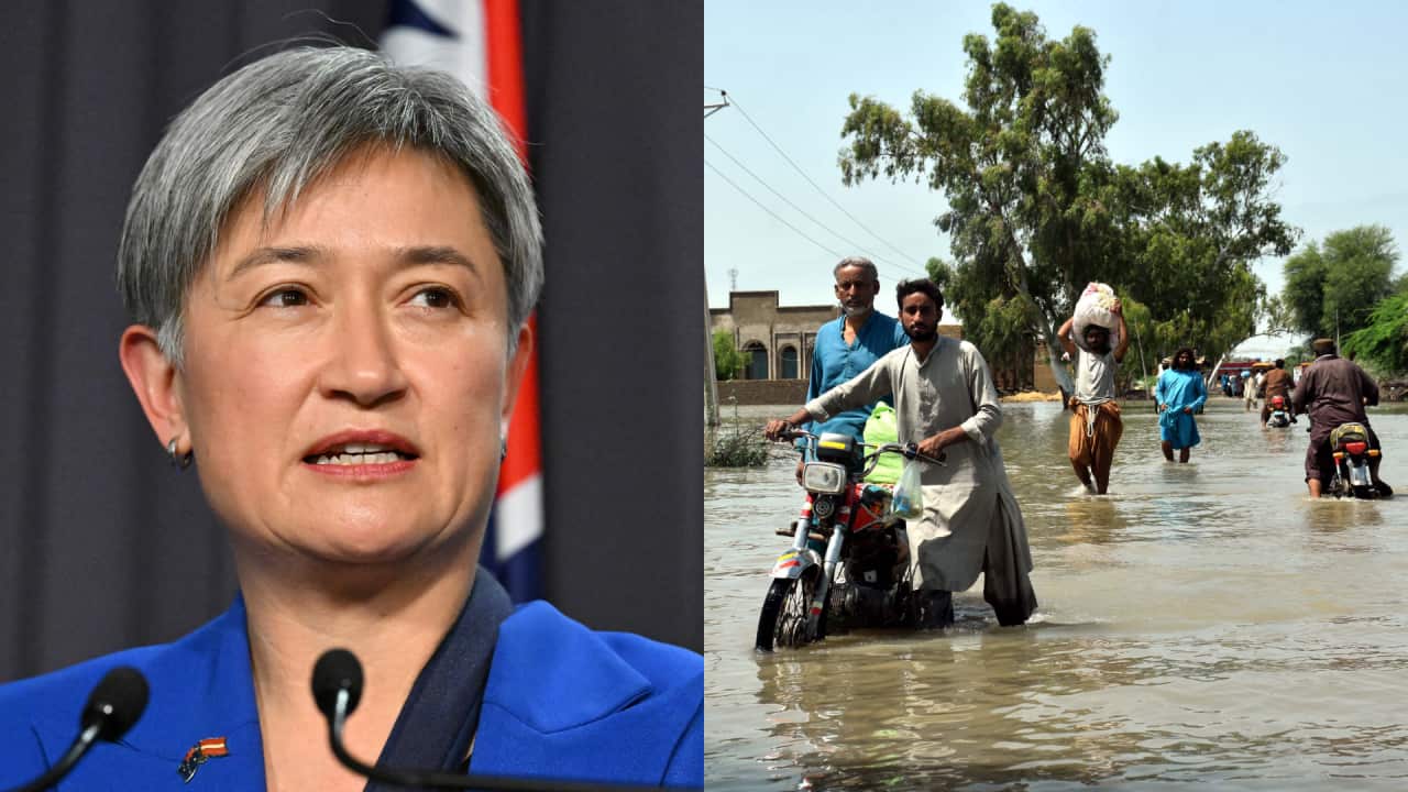 Penny Wong on the left, people escape flooding on the right.
