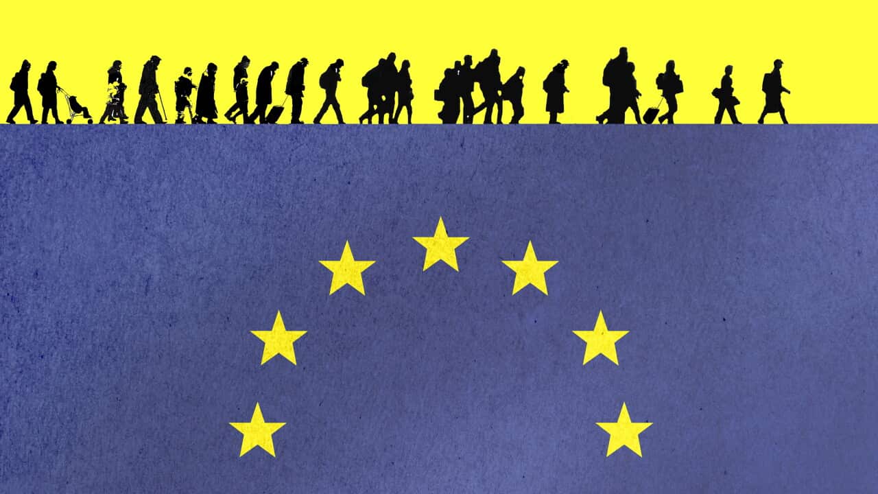 Illustration of silhouette refugees walking in line over European flag