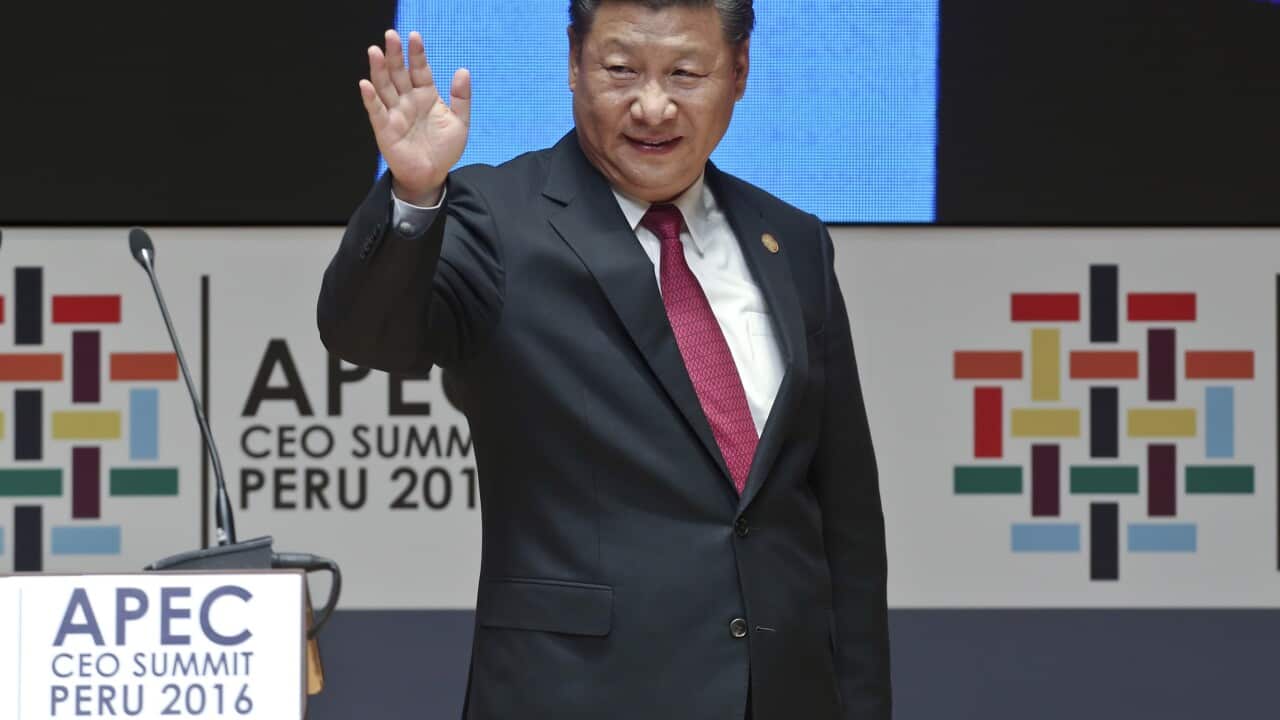 China's President Xi Jinping waves after speaking at the CEO summit during the annual Asia Pacific Economic Cooperation (APEC) forum in Lima, Peru, Saturday, Nov. 19, 2016. (AP Photo/Esteban Felix)
