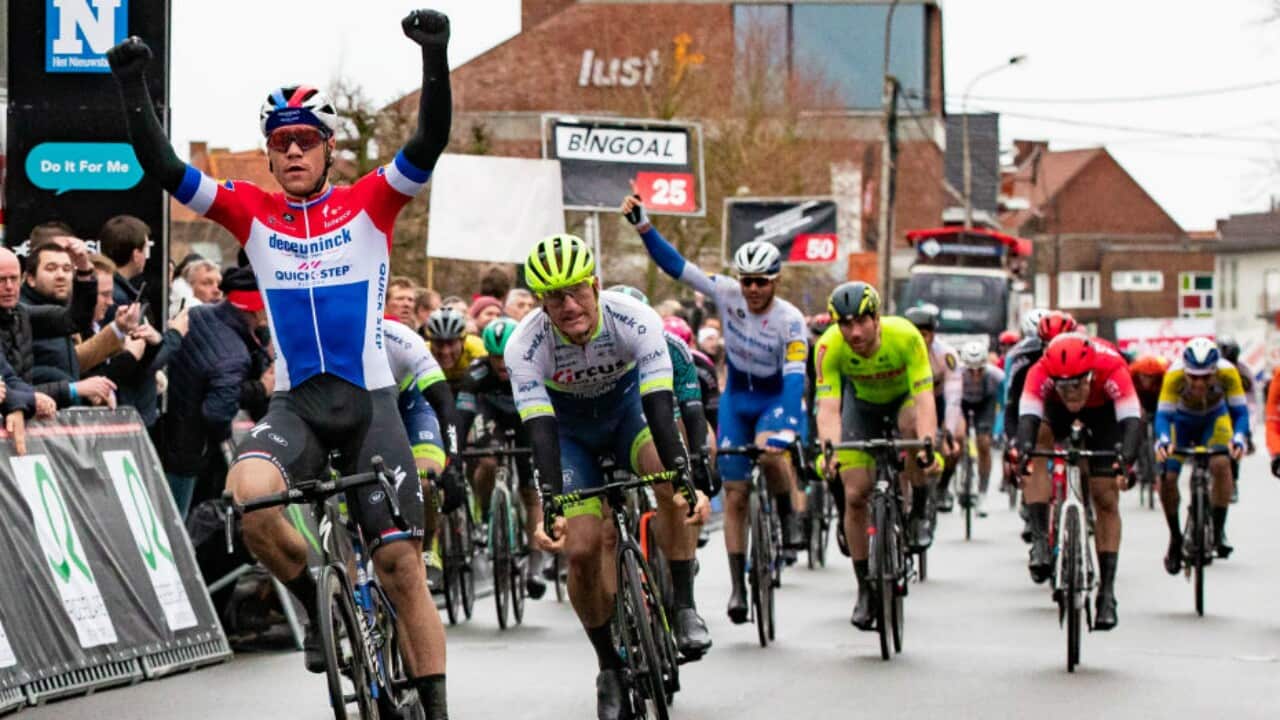 Fabio Jakobsen celebrates winning the Grote Prijs Jean-Pierre Monsere 196km race 8 March 2020