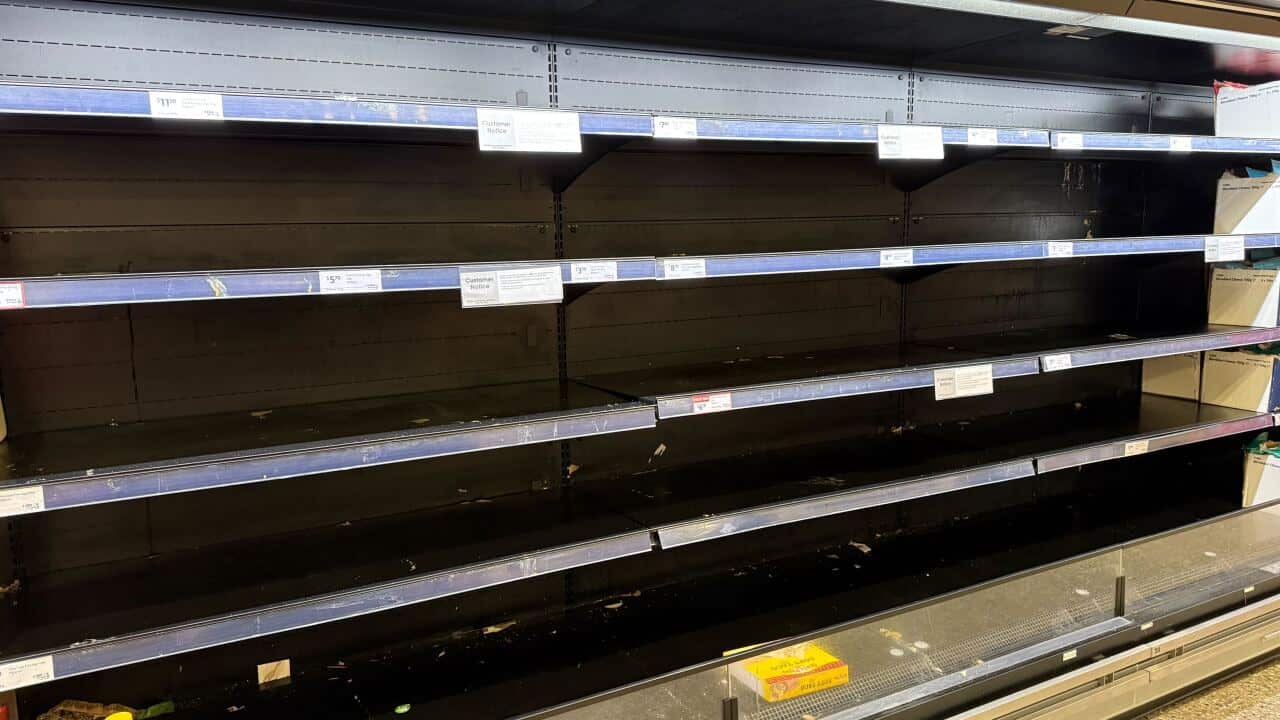 Empty shelves at a supermarket.