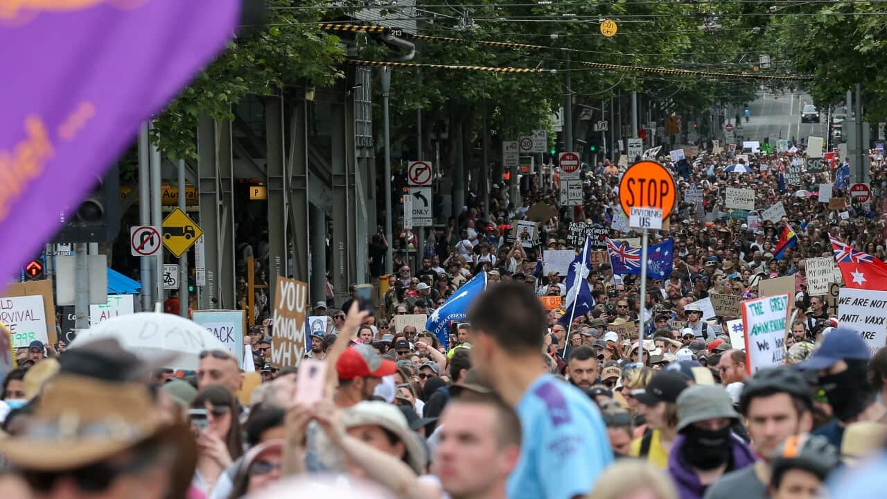 Protesters are seen during a rally against the state government's proposed pandemic laws, in Melbourne, Saturday, November 6, 2021.