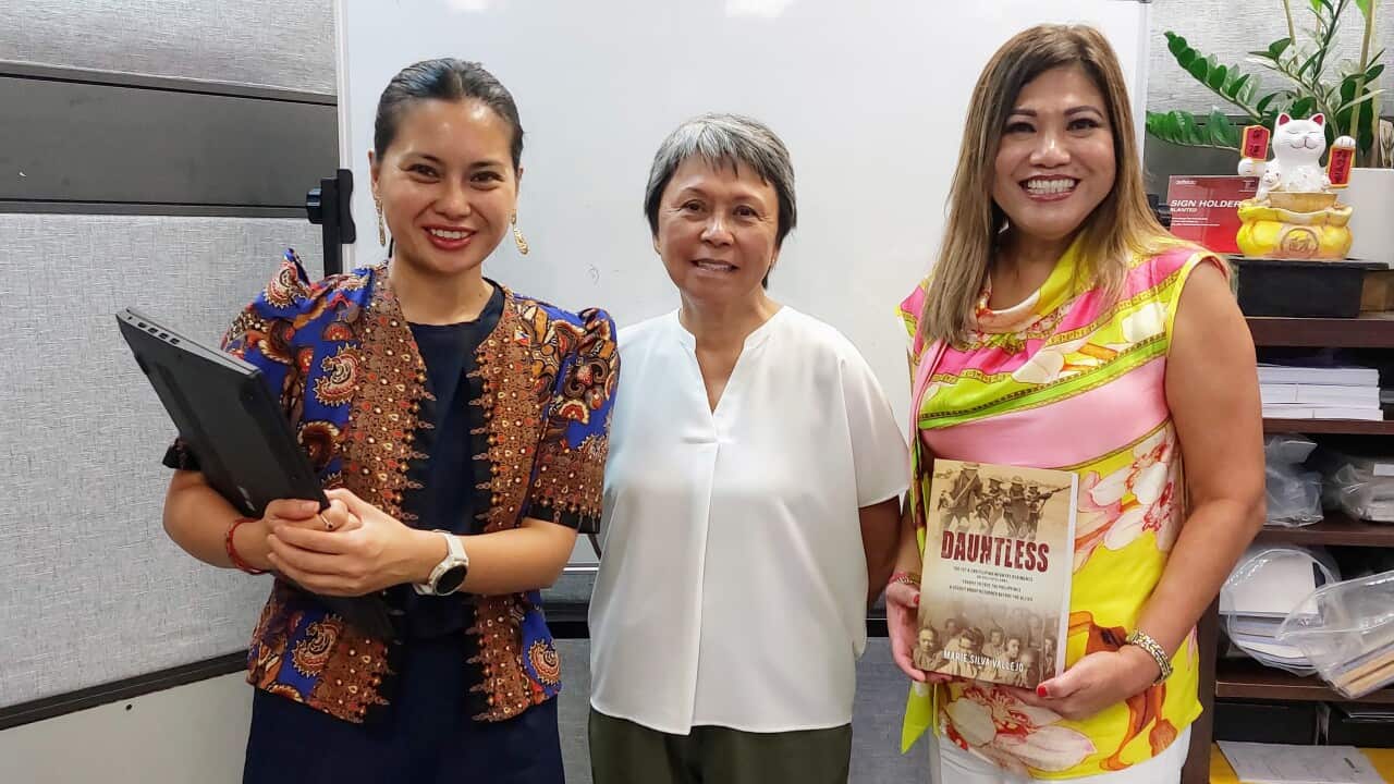 Honorary Consul Sheryll Gabutero with author Marie Silva Vallejo, and MC Connie Dacuna.jpg
