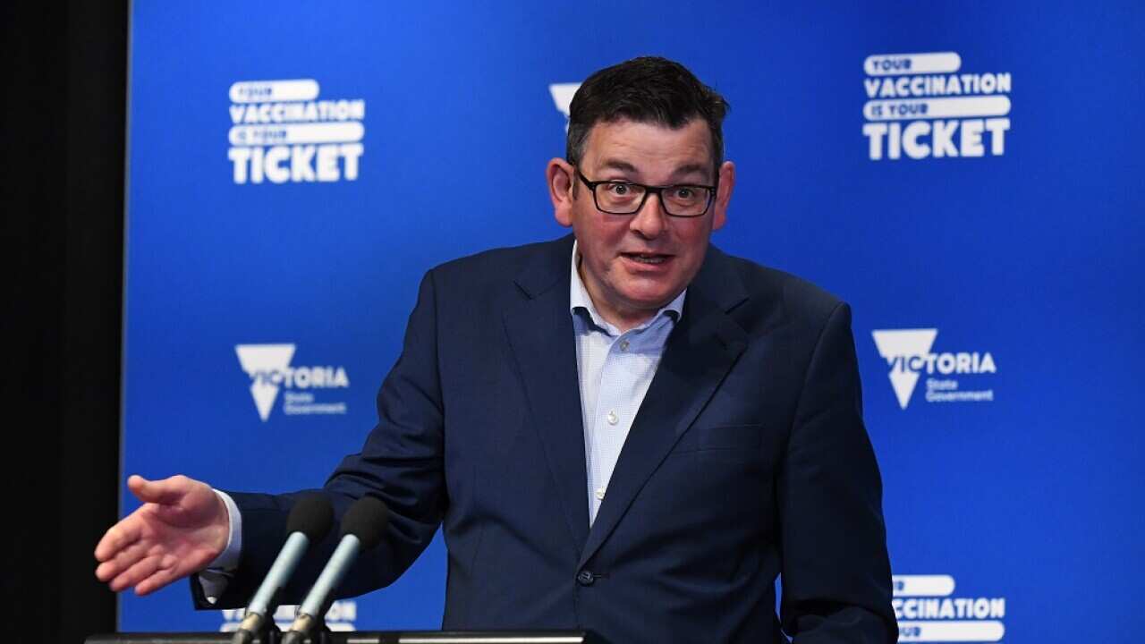 Victorian Premier Daniel Andrews speaks to the media during a press conference in Melbourne, Tuesday, October 19, 2021. Victoria has recorded 1749 new locally acquired COVID-19 cases and 11 deaths, as the end of Melbourne's sixth lockdown nears.