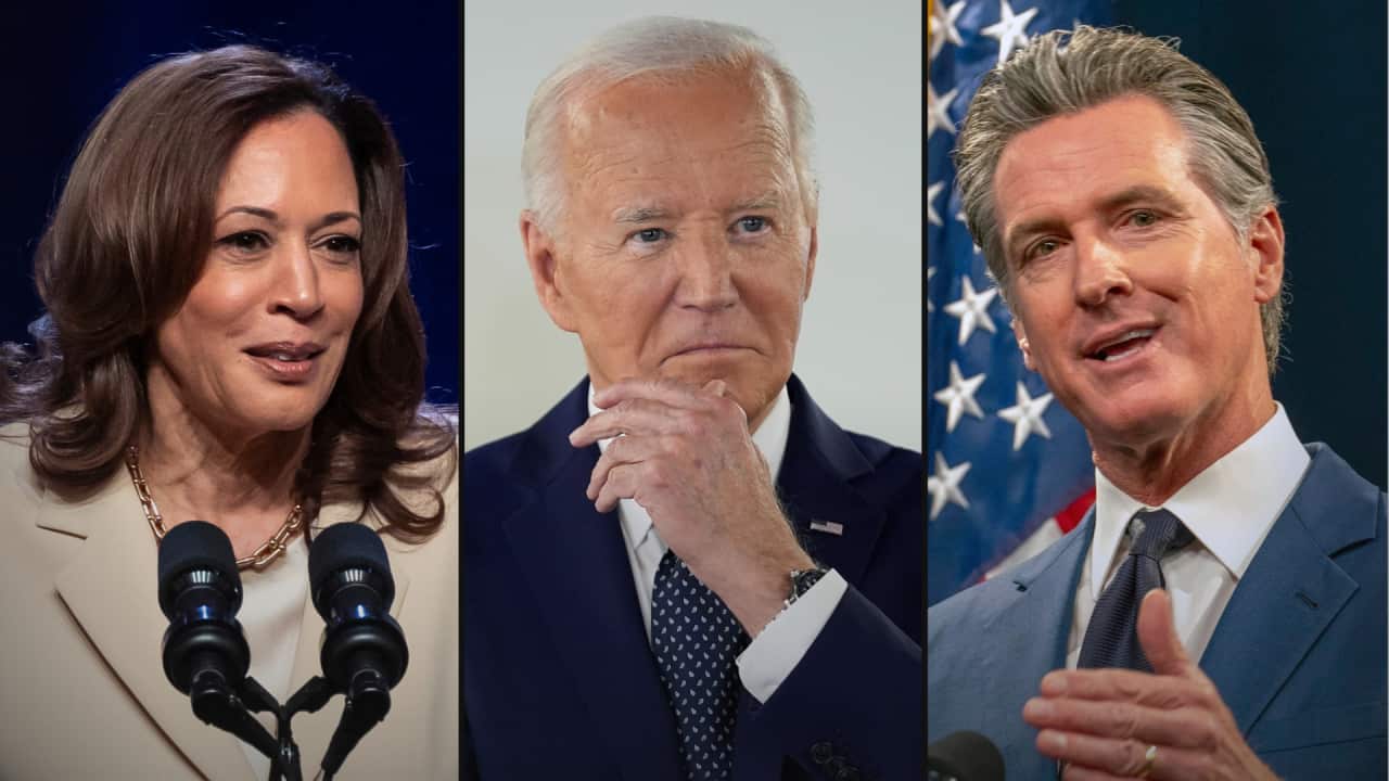 A composite image of Kamala Harris, Joe Biden, and another white man in a suit
