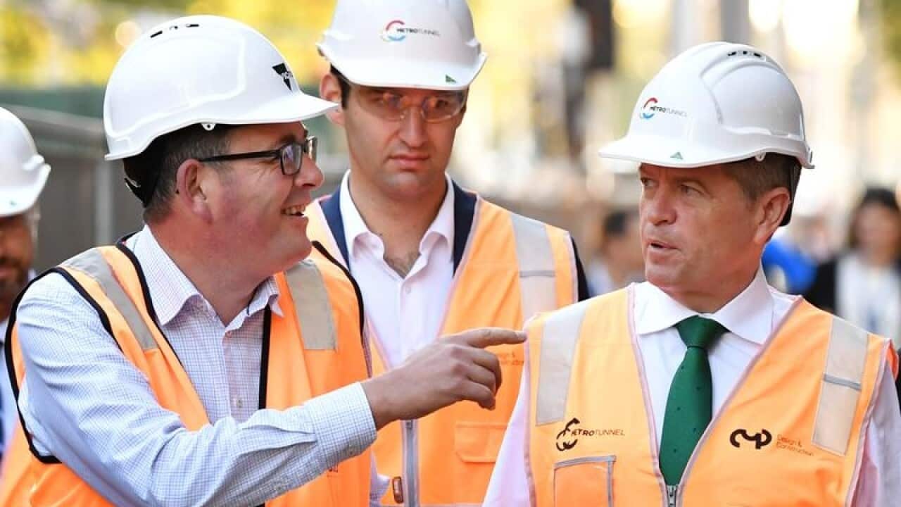Daniel Andrews and Bill Shorten inspecting metro rail construction.