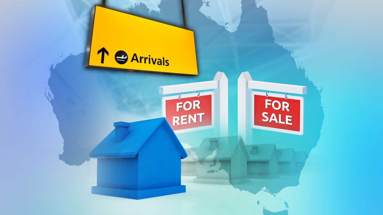 An editorial graphic overlaying an airport "Arrivals" sign and "For Rent" and "For Sale" real estate signs against a blue-toned map of Australia and a row of houses.