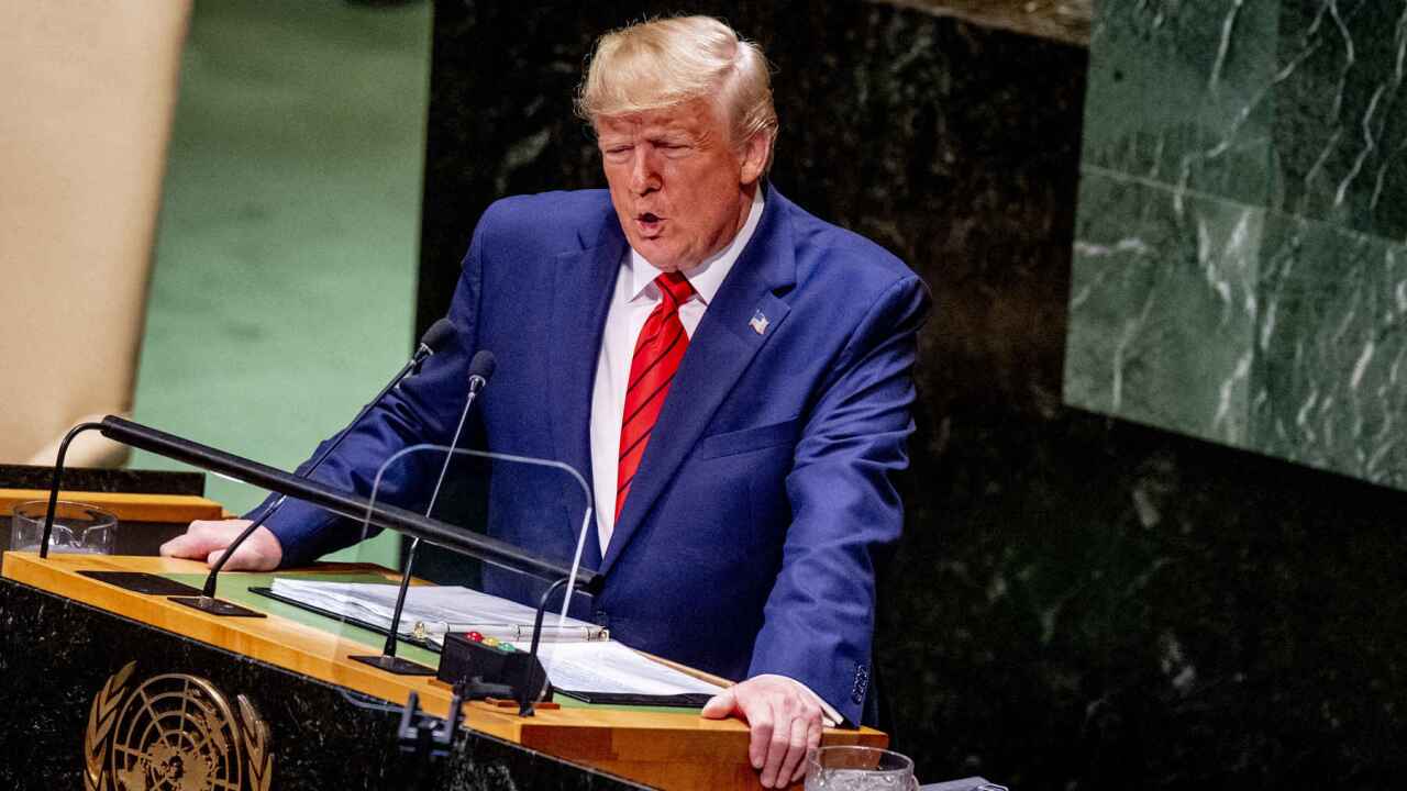 President of the United States Donald Trump speaks at the 74th General Debate at the United Nations General Assembly at United Nations Headquarters on Tuesday, September 24, 2019 in New York City. Photo by Robin Utrecht/ABACAPRESS.COM.