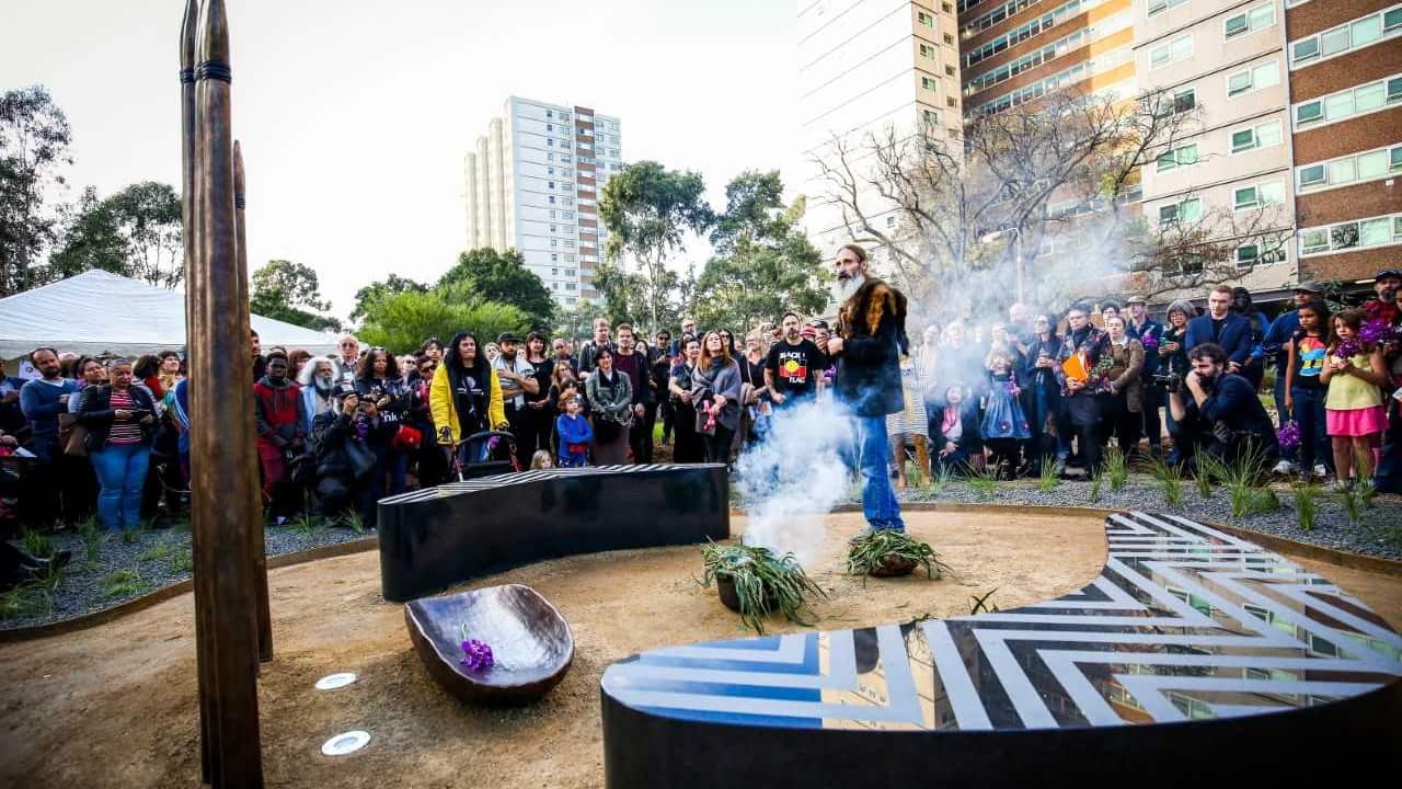 Wurundjeri Elder Colin Hunter & Djirri Djirri Dance Group opens the launch of the Stolen Generations Marker by Reko Rennie.Atherton Gardens Fitzroy. 26/05/2018
