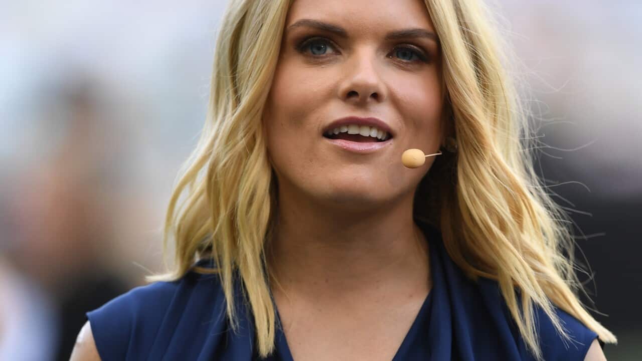 Channel Nine host Erin Molan during the 2019 NRLW Grand Final between the Brisbane Broncos and the St George Illawarra Dragons at ANZ Stadium in Sydney, Sunday, October 6, 2019. (AAP Image/Joel Carrett) NO ARCHIVING, EDITORIAL USE ONLY