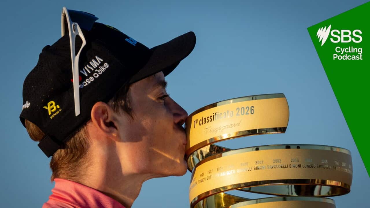 Jonas Vingegaard of Denmark kisses the Trofeo Senza Fine during the award ceremony at the 109th Giro d'Italia 2026 Stage 21, a 131km stage from Rome to Rome s' 1289m. (Photo by Stefano Costantino / SOPA Images/Sipa USA)