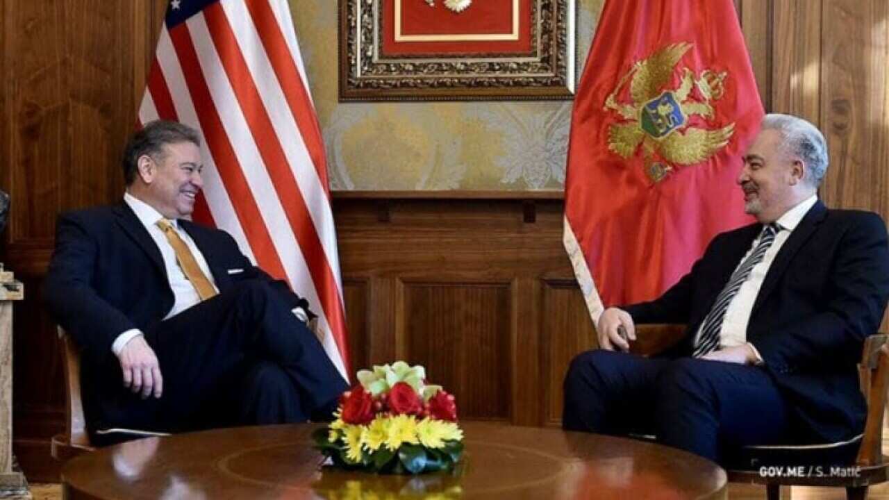 Montenegrin PM Zdravko Krivokapić with US Deputy Assistant Secretary for the Bureau of European and Eurasian Affairs Gabriel Escobar.