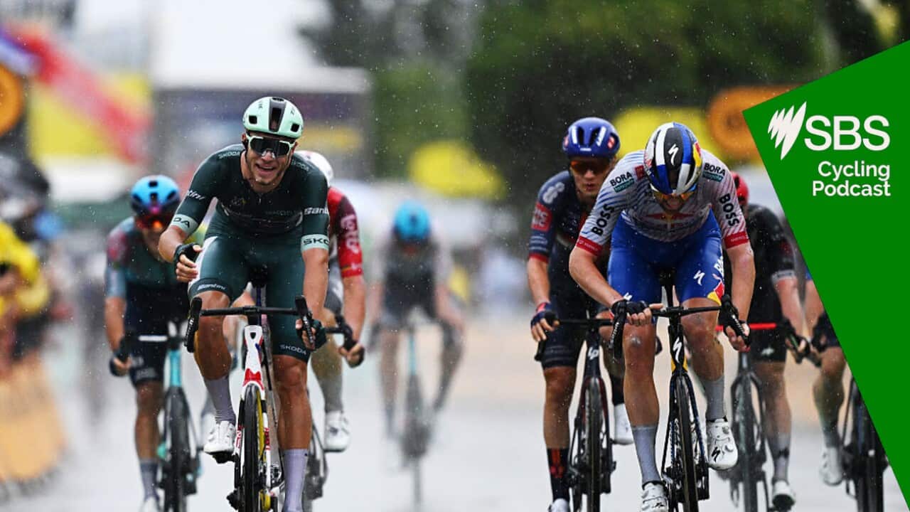 VALENCE, FRANCE - JULY 23: (L-R) Jonathan Milan of Italy and Team Lidl - Trek - Green Sprint Jersey celebrates at finish line as stage winner ahead of Jordi Meeus of Belgium and Team Red Bull - BORA - hansgrohe during the 112th Tour de France 2025, Stage 17 a 160.4km stage from Bollene to Valence / #UCIWT / on July 23, 2025 in Valence, France. (Photo by Tim de Waele/Getty Images)