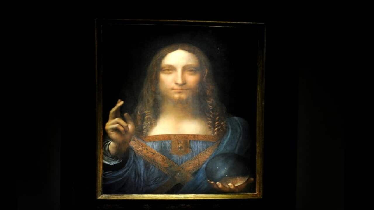 Leonardo da Vinci's Salvator Mundi painting is on display.