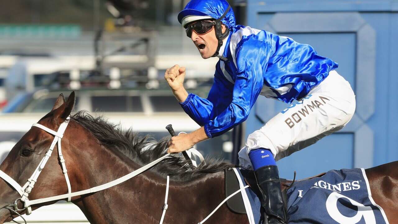 Hugh Bowman on Winx wins the Queen Elizabeth Stakes during day two of The Championships as part of Sydney Racing at Royal Randwick Racecourse.