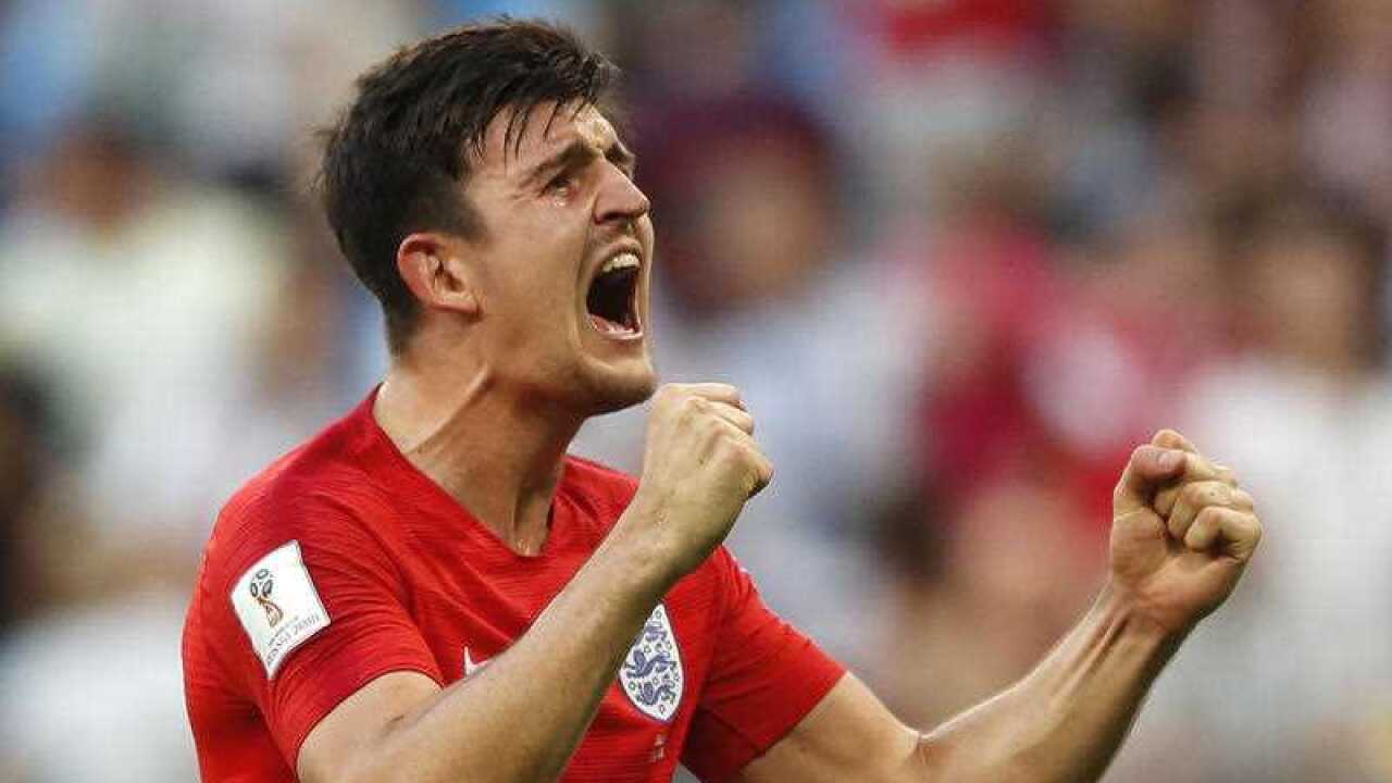 England's Harry Maguire celebrates victory of his team over Sweden during the quarterfinal match between Sweden and England.