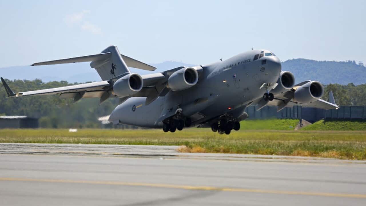 A C-17 Globemaster leaves RAAF Base Amberley bound for Vanuatu