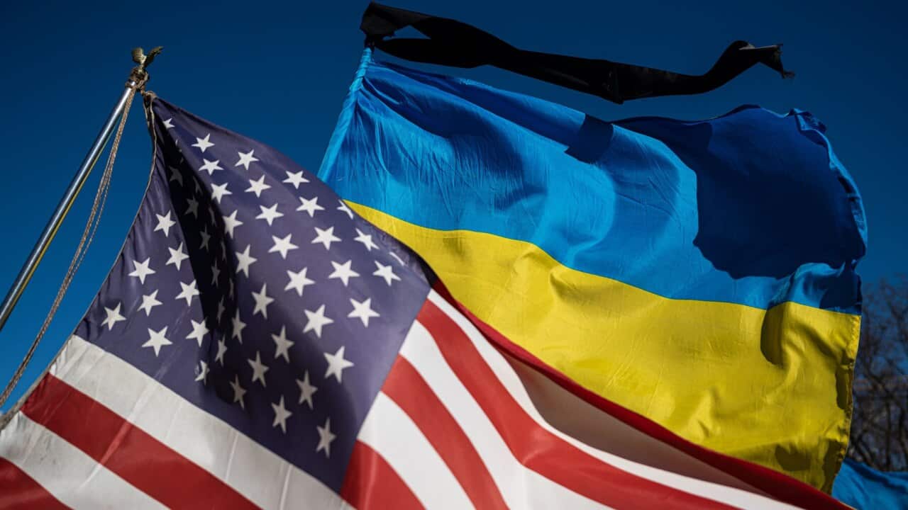 The Ukrainian flag flies outside the White House in Washington, D.C