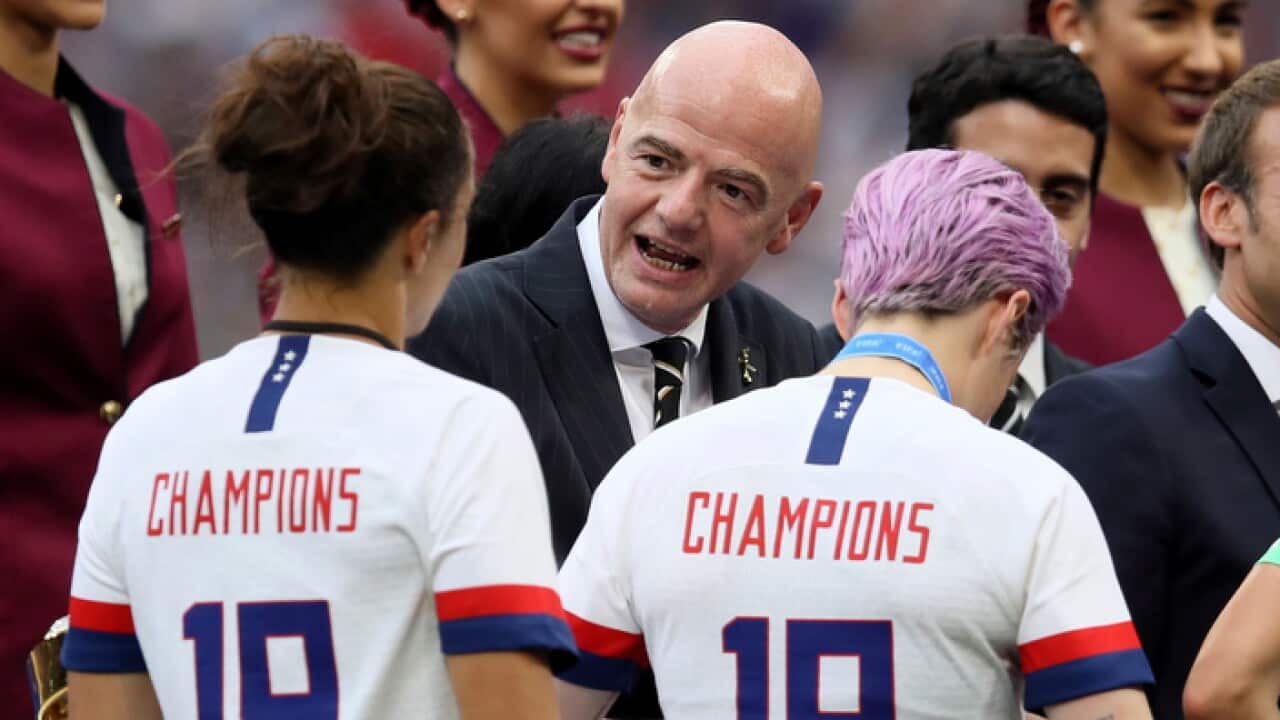 FIFA chief Gianni Infantino congratulates US players victory in the Women's World Cup final
