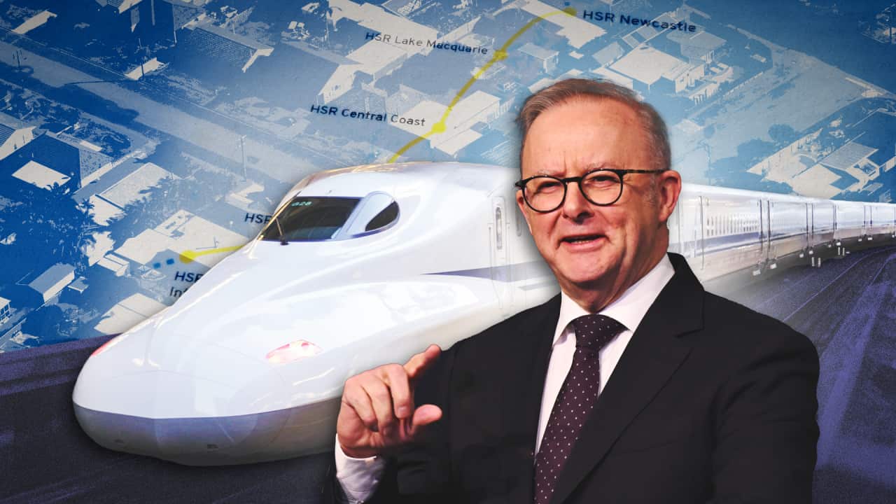 An image of the prime minister in front of a high speed train.