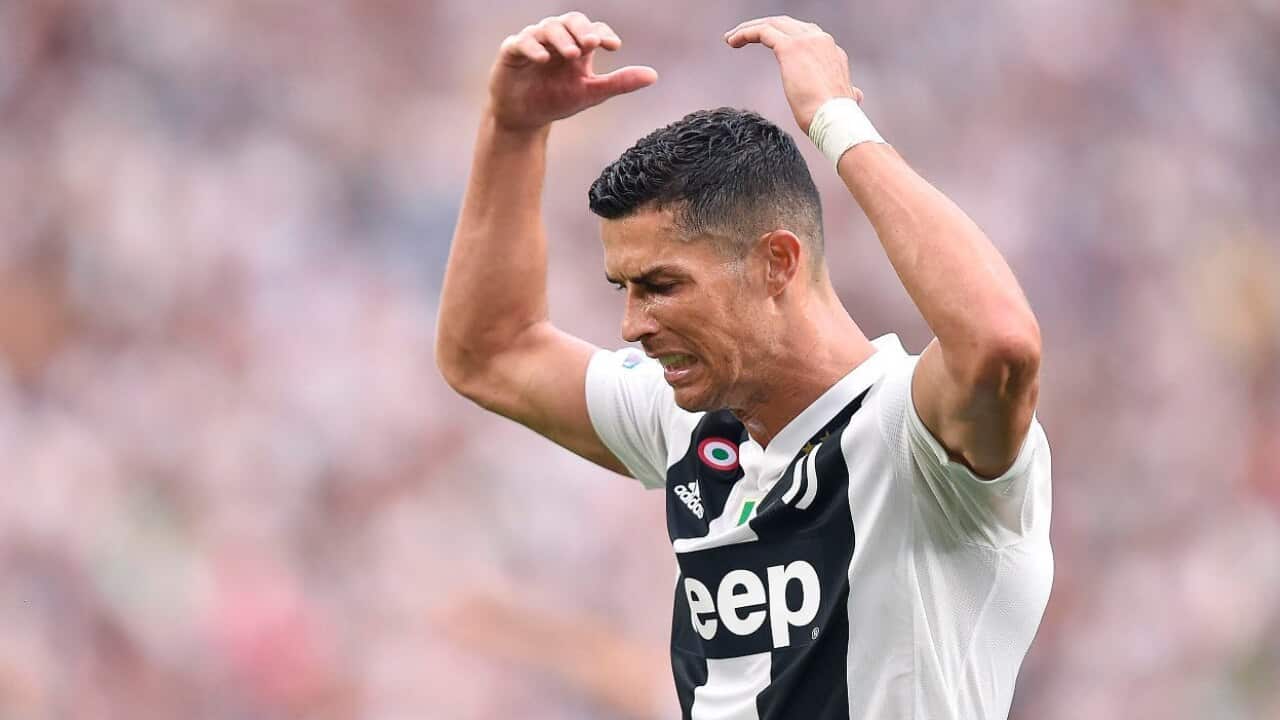 In this Saturday, Aug. 25, 2018 Juventus' Cristiano Ronaldo reacts during the Serie A soccer match between Juventus and Lazio at the Allianz Stadium in Turin, Italy.