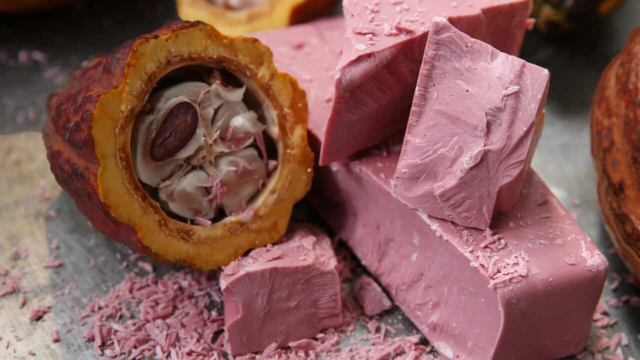 Ruby chocolate on display with cocoa beans at the unveiling in China.